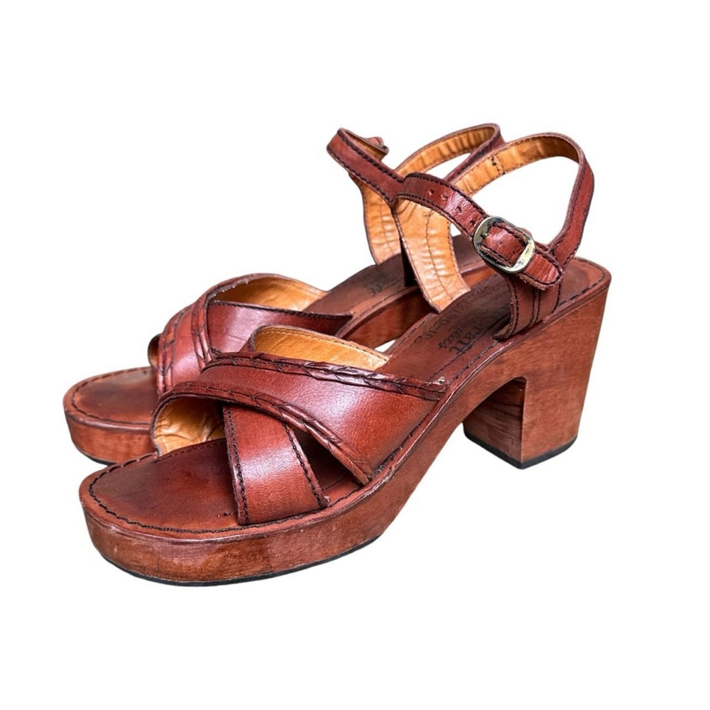 Vintage 60s boho retro brown leather wooden sole sandal clogs by qualicraft 8